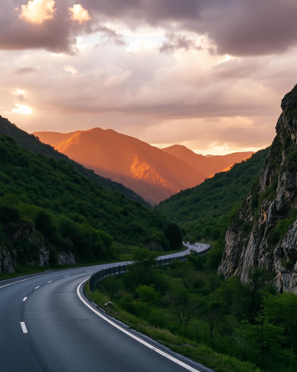 Scenic Balkan mountain road at sunset